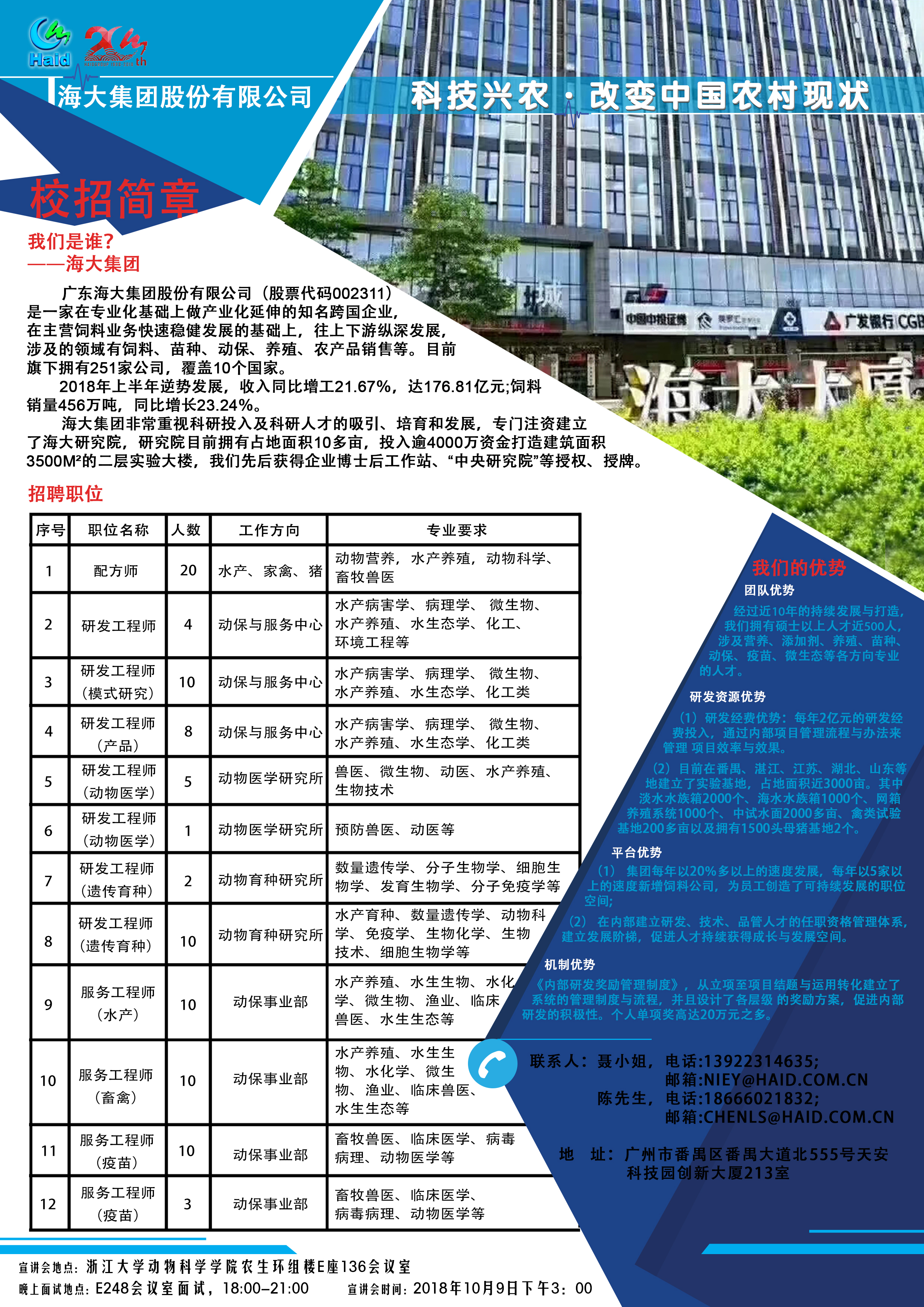 的二层实验大楼,我们先后获得企业博士后工作站、中央研究院等授权、授牌。 我们的优势 1、团队优势 经过近10年的持续发展与打造,我们拥有硕士以上人才近500人,涉及营养、添加剂、养殖、苗种、动保、疫苗、微生态等各方向专业的人才。 2、研发资源优势 (1)研发经费优势 每年2亿元的研发经费投入,通过内部项目管理流程与办法来管理项目效率与效果。 (2)目前在番禺、湛江、江苏、湖北、山东等地建立了实验基地,占地面积近3000亩。其中淡水水族箱2000个、海水水族箱1000个、网箱养殖系统1000个、中试水面2